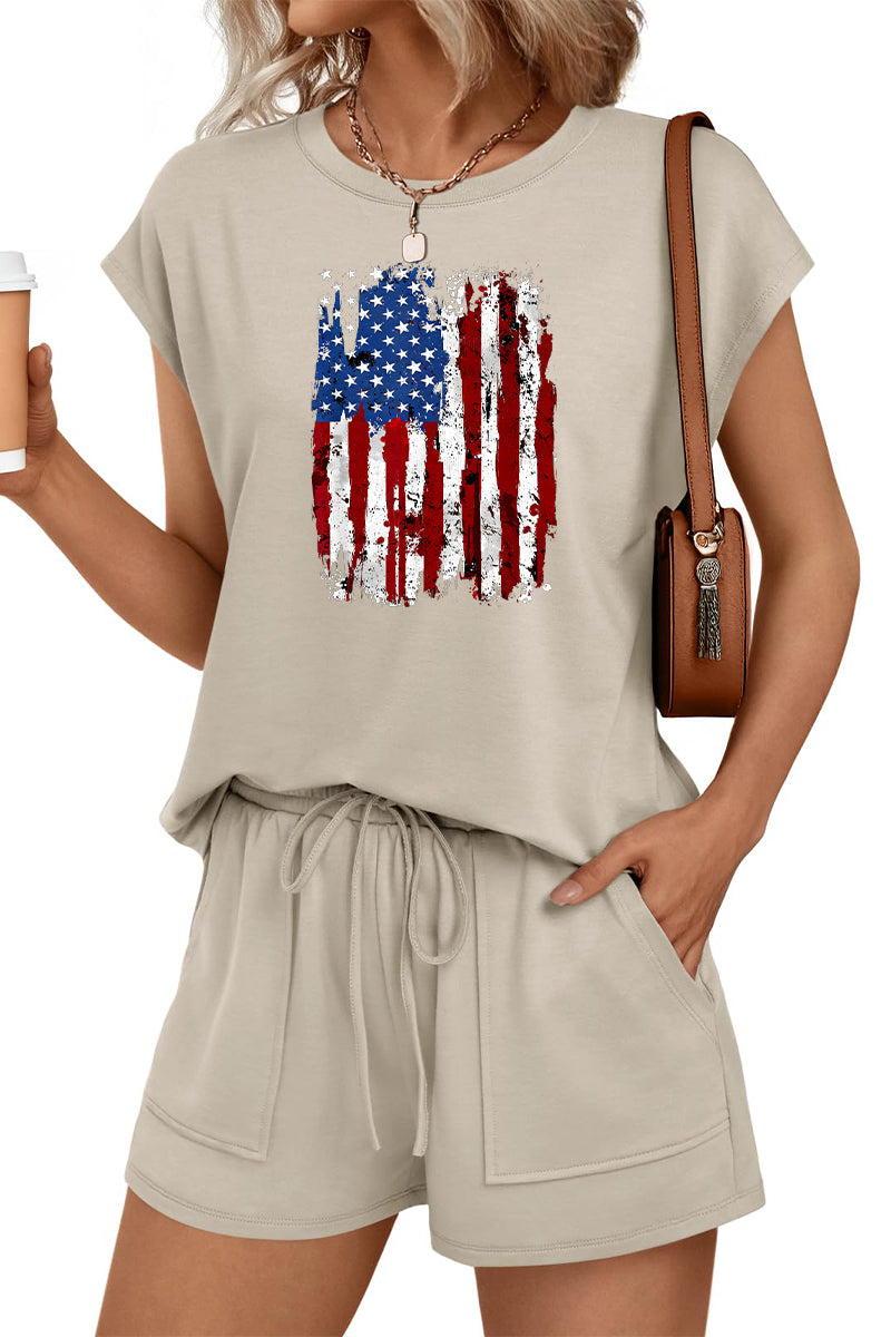 Patriotic Flag Graphic Top and Shorts Two Piece Set