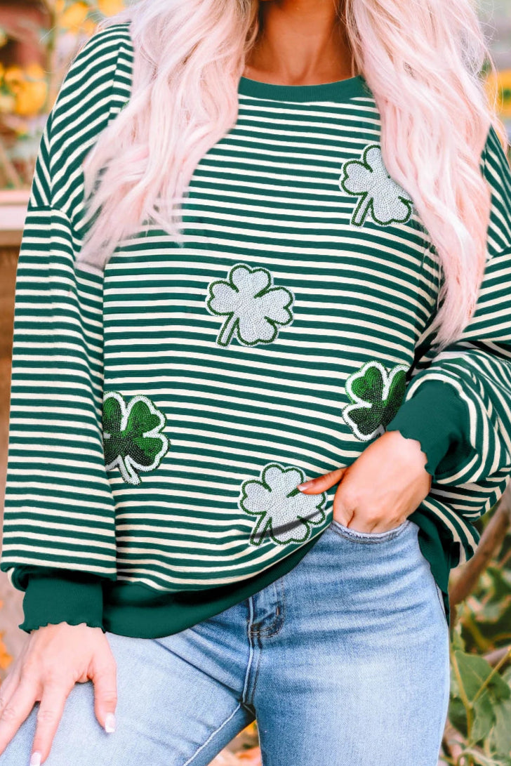 Green Stripe Sequin Clover Patched Drop Shoulder Long Sleeve Top