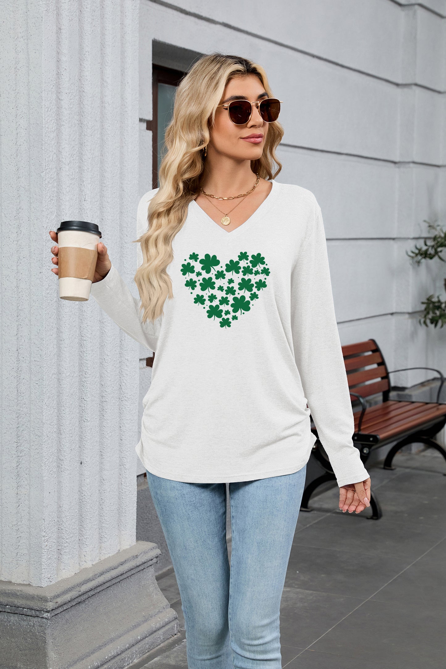 Saint Patrick’s Day Shamrock Heart Print V Neck Top