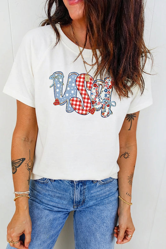 USA Floral Graphic Tee Patriotic Casual Summer