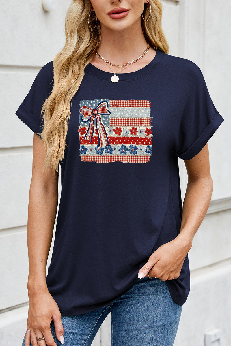 USA Flag Bow Graphic Tee Women Patriotic 4th of July