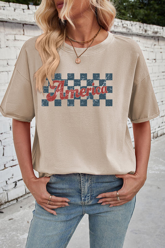 Checkerboard Graphic Rayon Tee Oversized Casual Top
