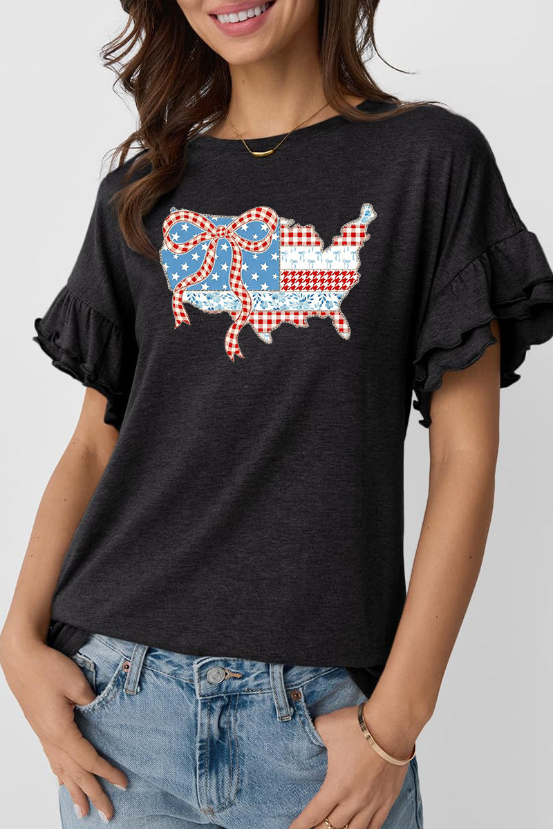 Patchwork Cotton Tee Patriotic Ruffle Sleeve Blouse
