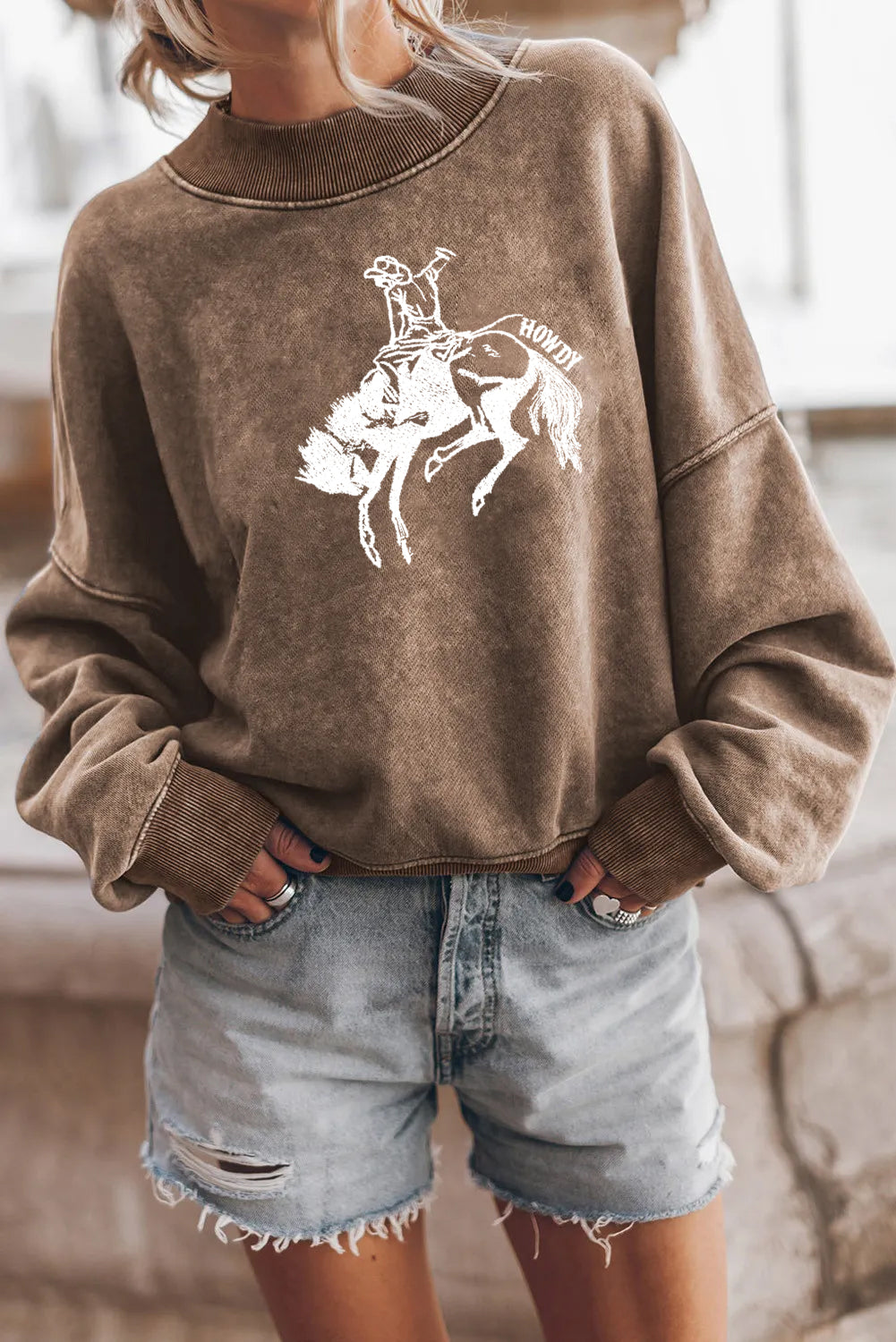 Western Cowboy Graphic Washed Sweatshirt for Women