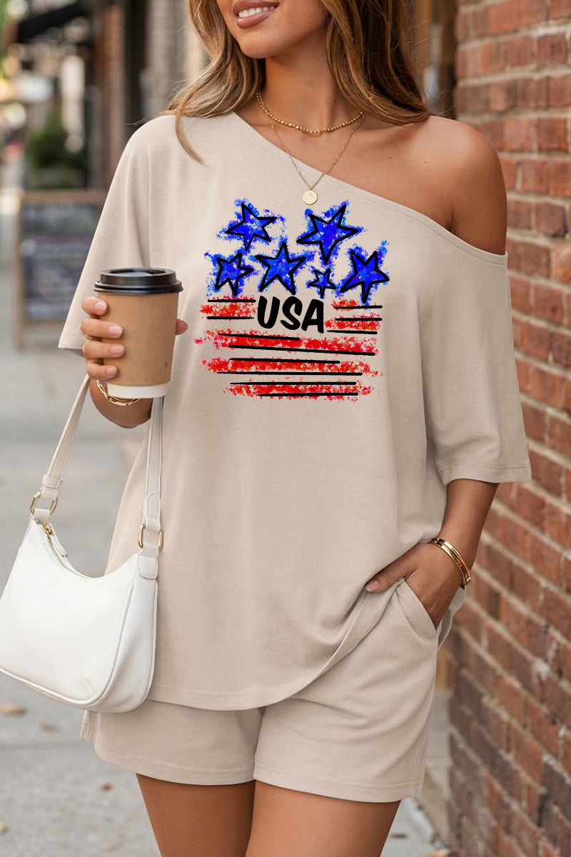 USA Flag Star Graphic Off Shoulder Shorts Set Women