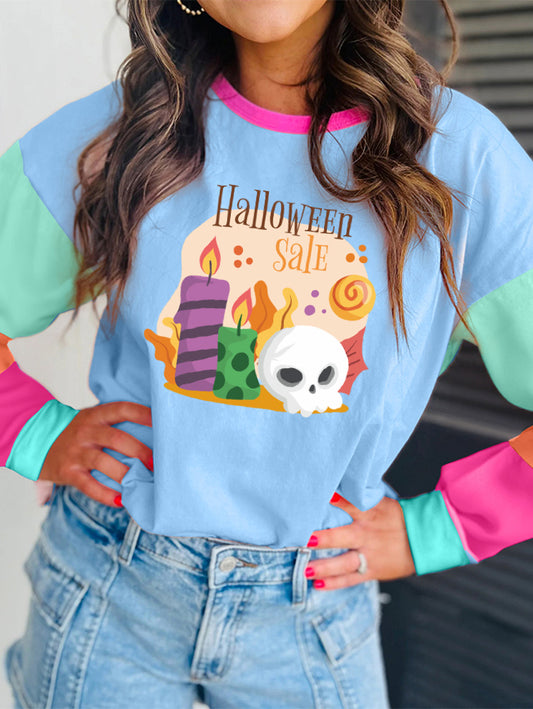 Halloween Sale Skull Candle Color Block Long Sleeve Tee