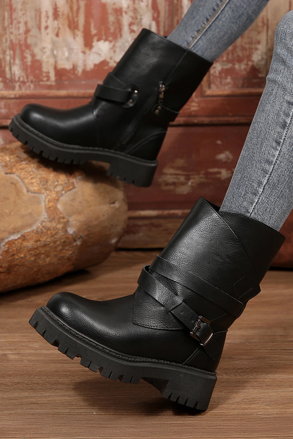 Black Faux Leather Overlap Buckle Strap Zip Detail Boots