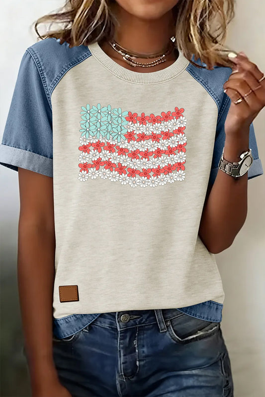 Floral Flag Denim Patchwork Tee Casual