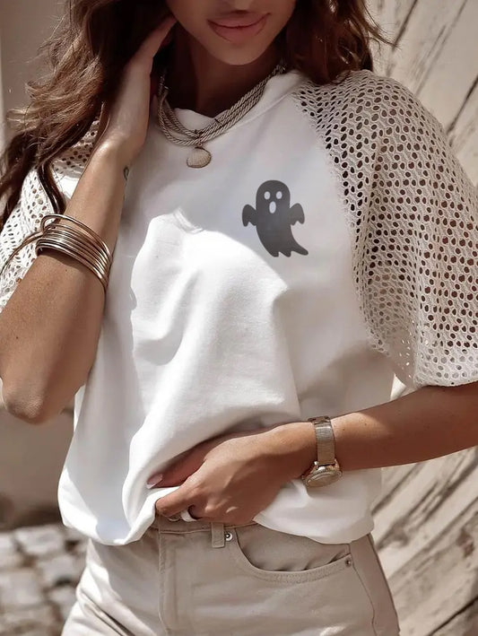 Halloween Ghost Graphic Crochet Sleeve Spooky Tee
