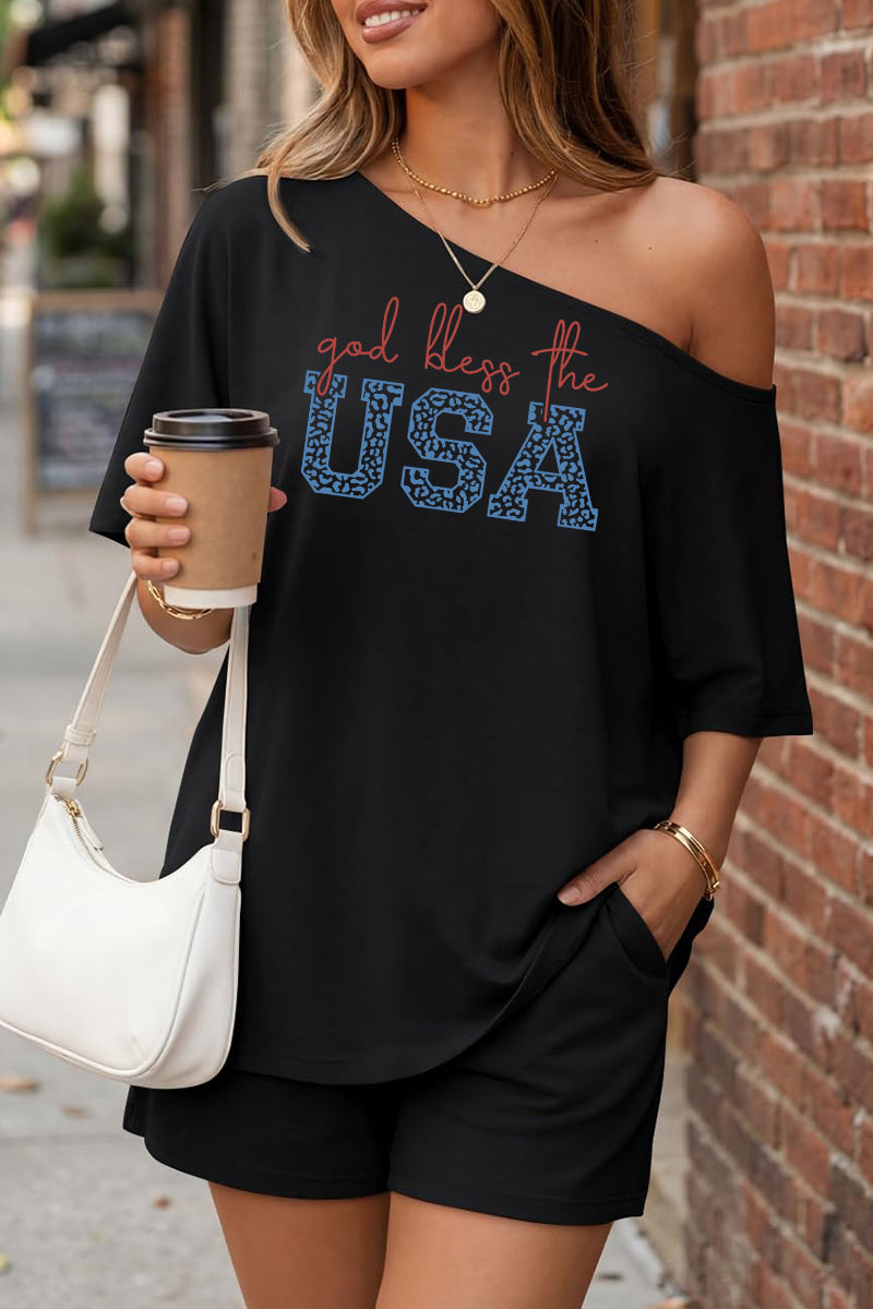 USA Graphic Off Shoulder Lounge Shorts Set Women