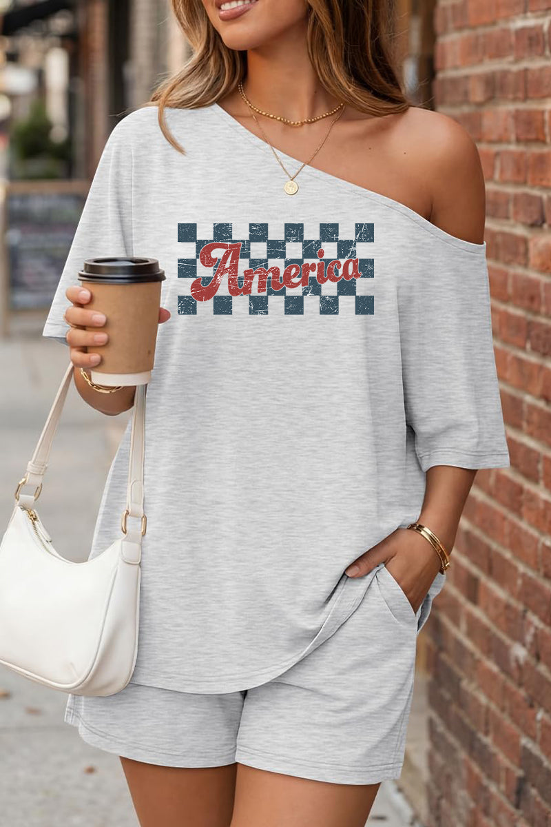 America Checkerboard Off Shoulder Short Sleeve Summer Set