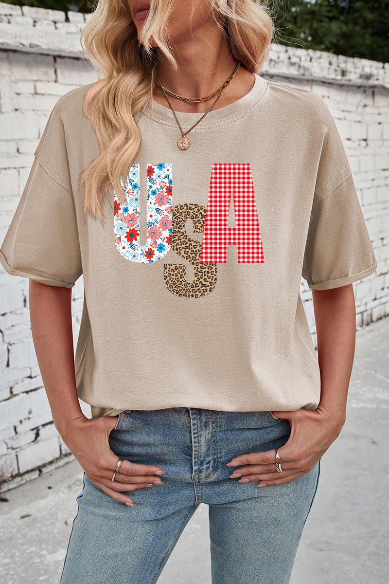 Patriotic Cotton Graphic Tee Oversized USA Leopard Top