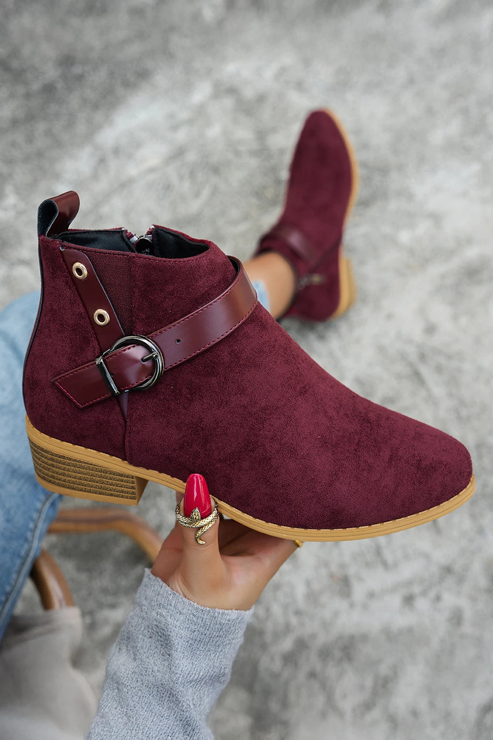 Burgundy Faux Suede Leather Strap Patchwork Buckle Side Zip Ankle Boots