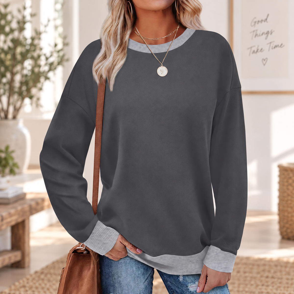 Women's Oversized Colorblock Crewneck Sweatshirt