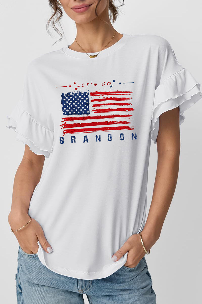 USA Flag Graphic Ruffle Sleeve Tee Patriotic Holiday Top