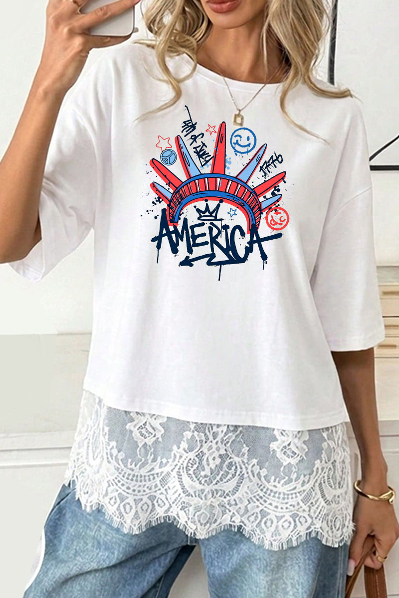 Patriotic Graphic USA Tee Lace-Hem Oversized Casual Top