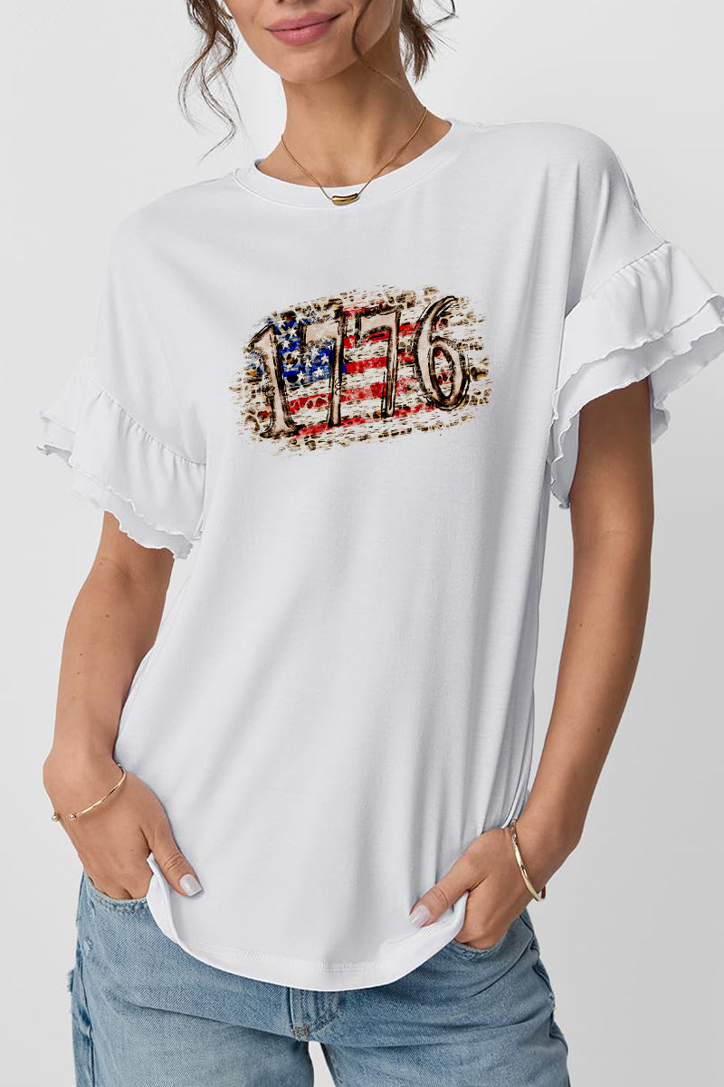 Vintage Cotton Tee 1776 Patriotic Ruffle Sleeve Top
