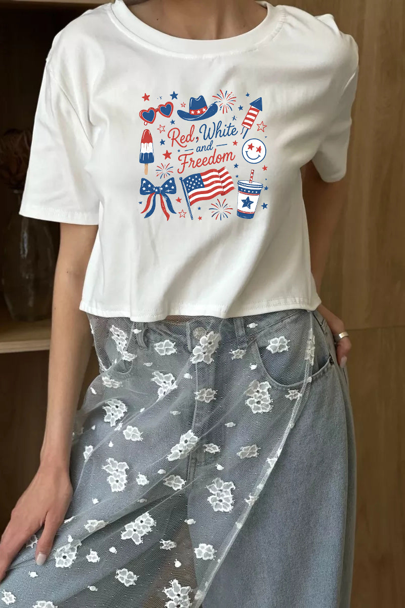 Patriotic Graphic Tee Lace Patchwork Freedom Top