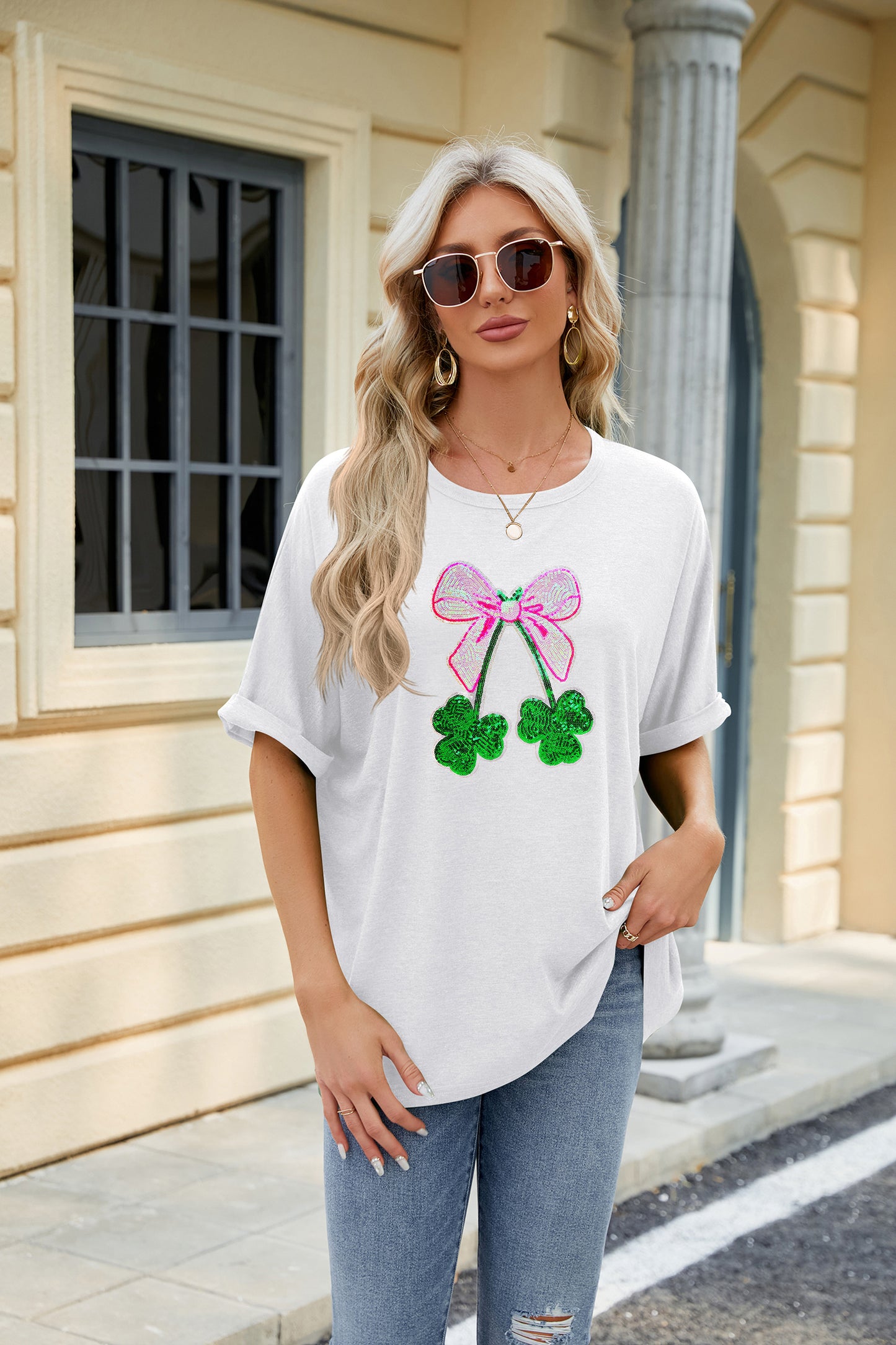 St Patrick’s Day Sequin Bow Clover Graphic Tee