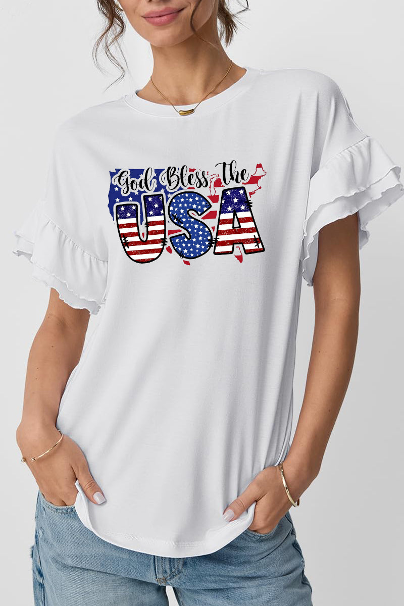 USA Flag Graphic Ruffle Sleeve Tee Patriotic Holiday Top
