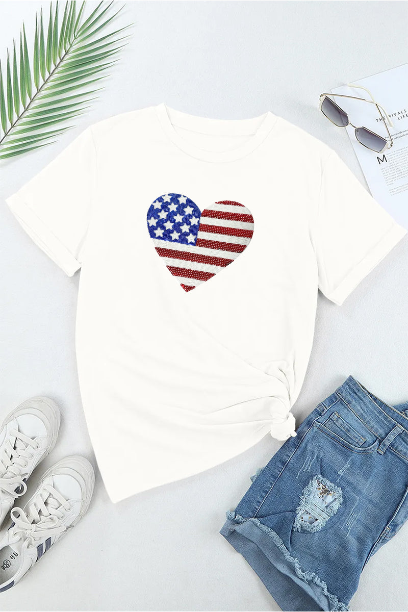 Heart American Flag Independence Day Short Sleeve Tee