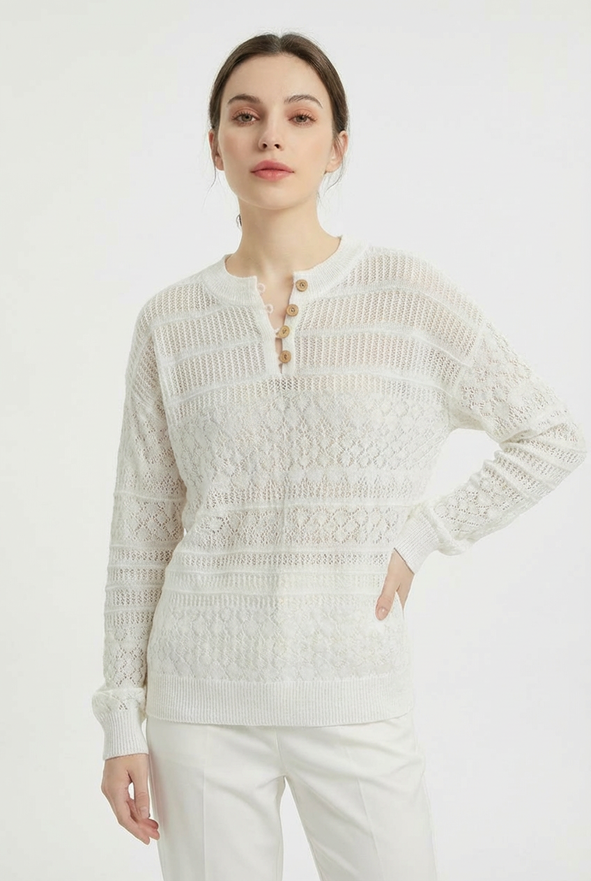 Open Knit Henley Button Long Sleeve Sweater