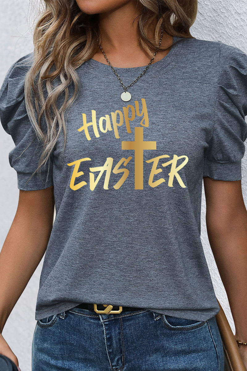 Easter Gold Foil Happy Easter Bubble Sleeve Graphic Tee