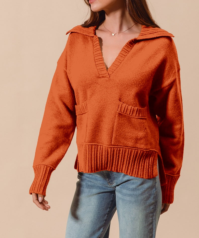 Fall V Neck Knit Sweater with Collar and Pockets