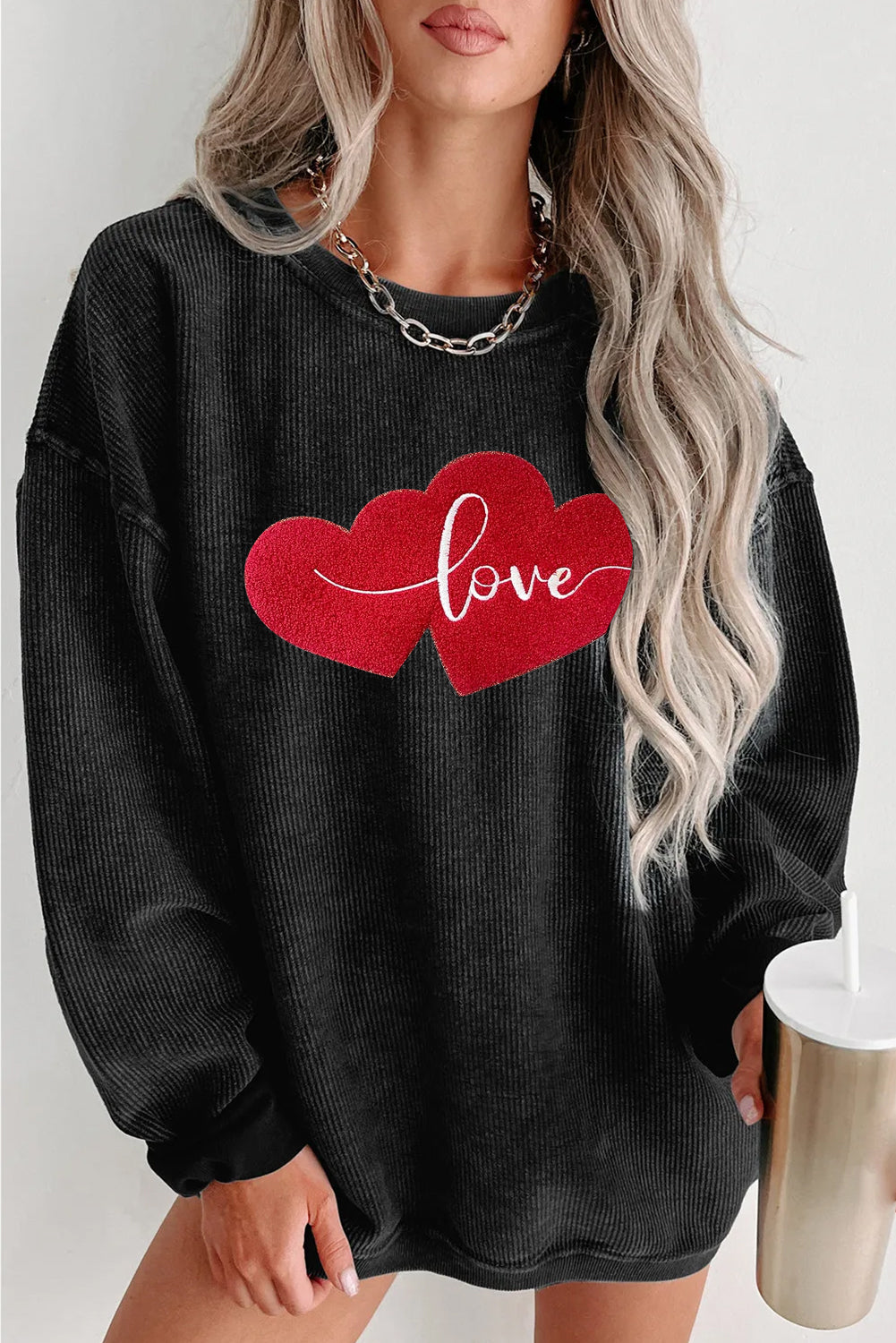 Valentines Day Love Heart Graphic Black Sweatshirt