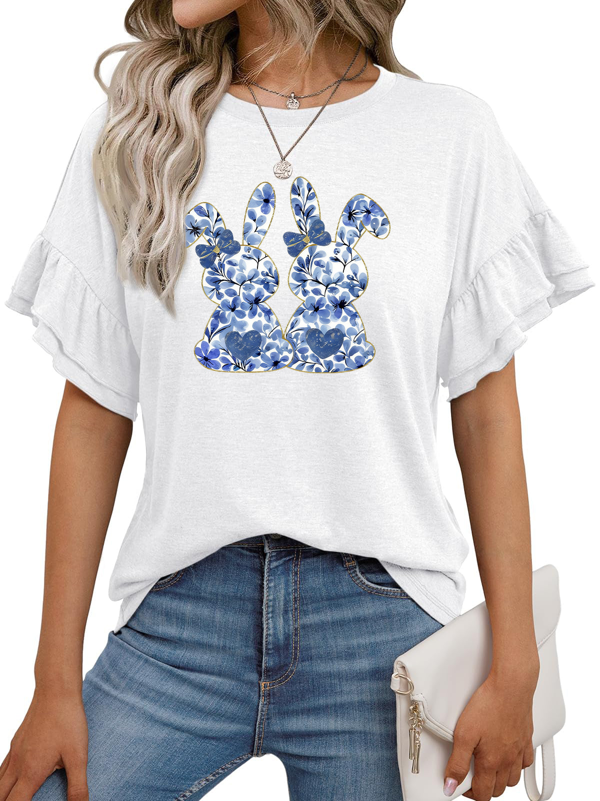 Easter Bunny Truck Graphic Ruffle Sleeve Casual Tee