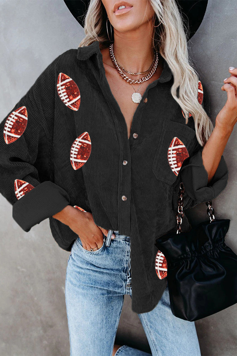 Game Day Football Patch Corduroy Button Up Shacket