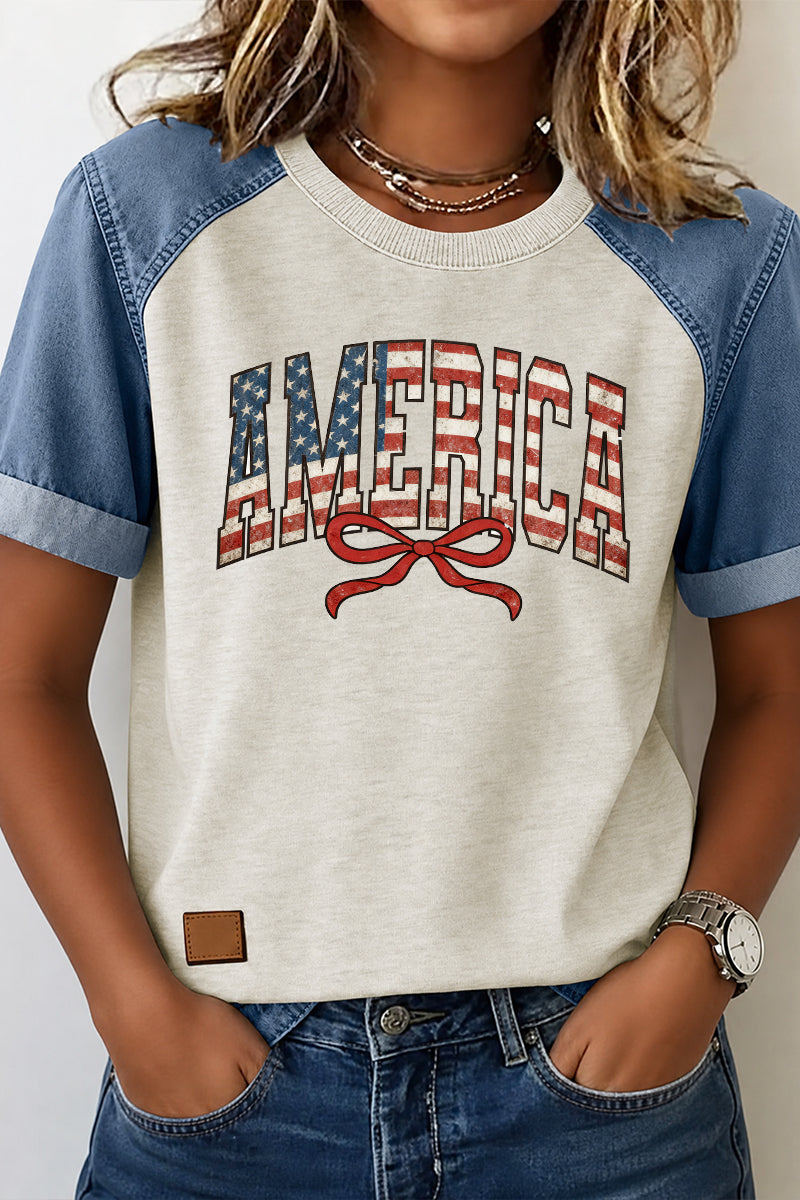 Patriotic Graphic Tee Denim Patchwork America Bow Top