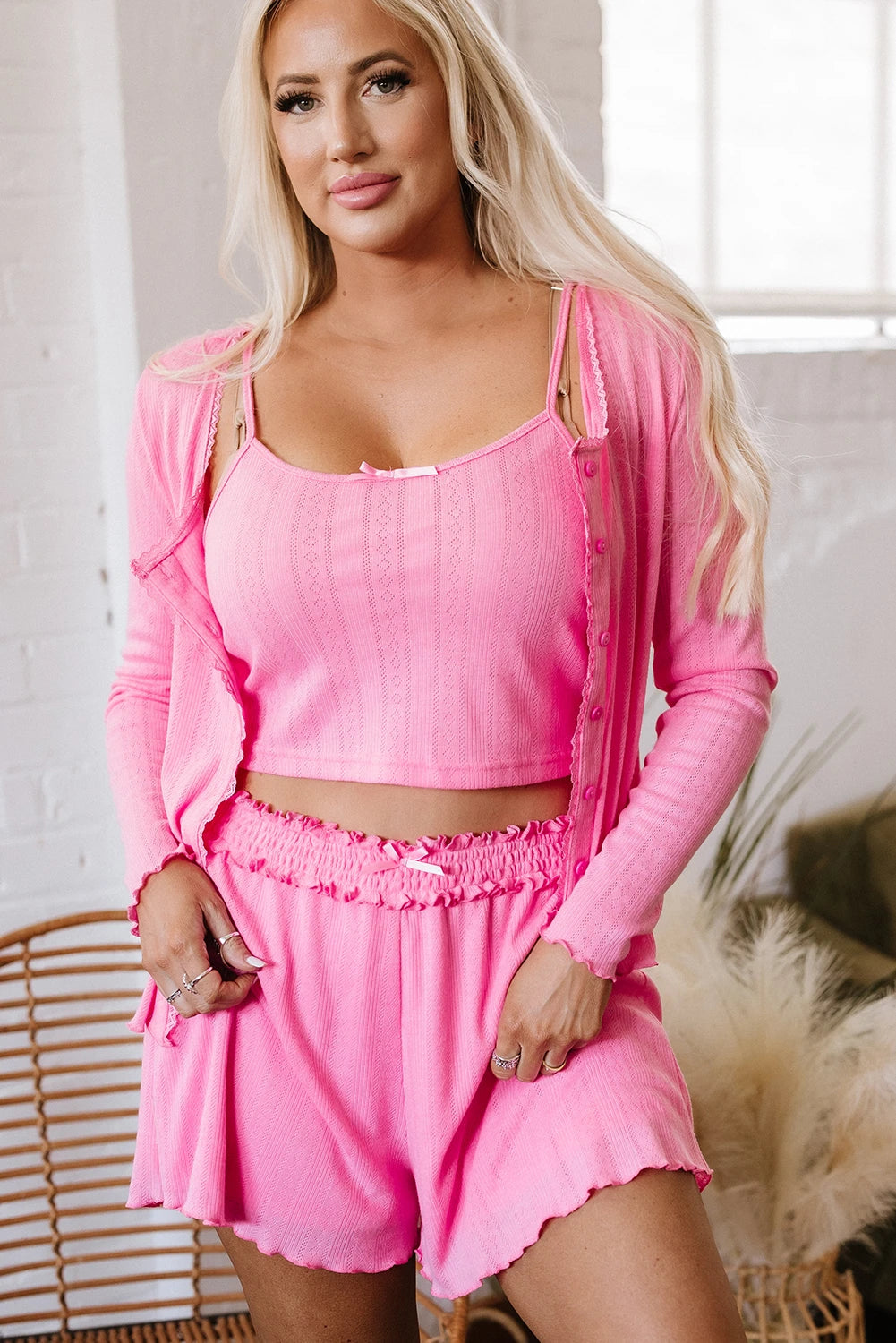Bonbon Delicate Texture Cropped Cami Shorts and Cardigan 3pcs Lounge Set
