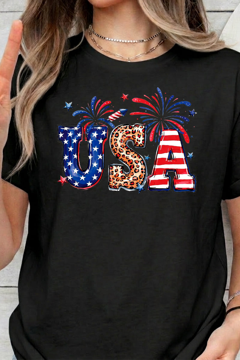 USA Fireworks Graphic Crewneck Casual Tee