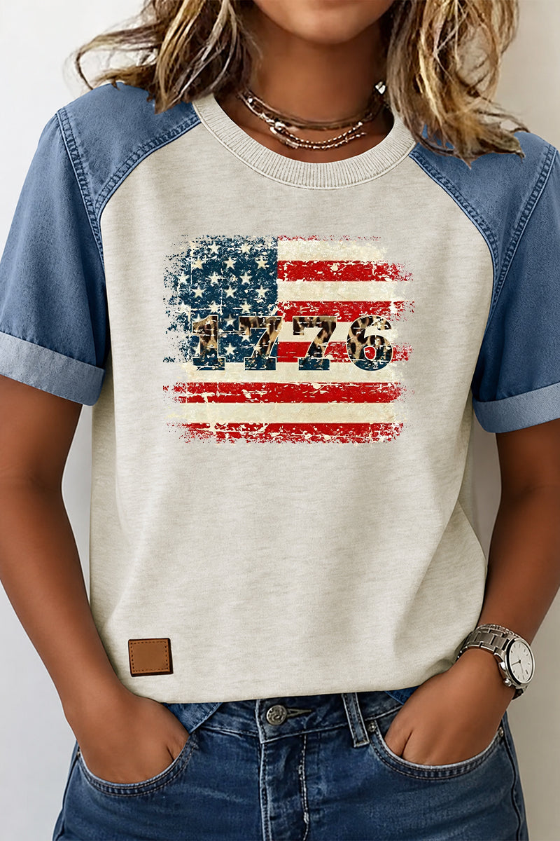 Vintage USA Flag Graphic Tee Denim Patchwork Raglan Top