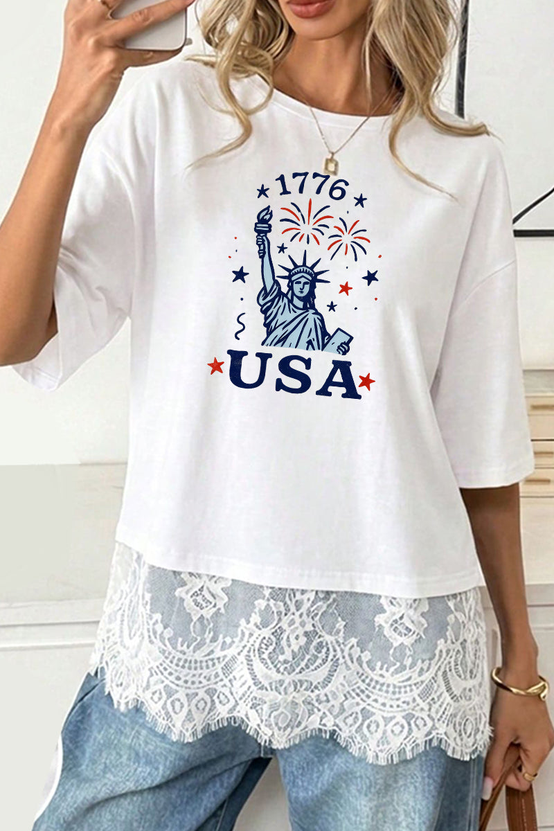 USA Graphic Tee Lace Hem Patriotic Independence Day