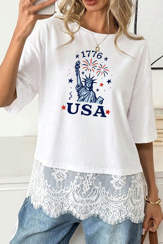 USA Graphic Tee Lace Hem Patriotic Independence Day