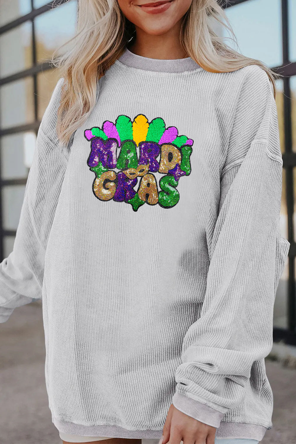 Mardi Gras Beaded Sequin Graphic Corded Sweatshirt