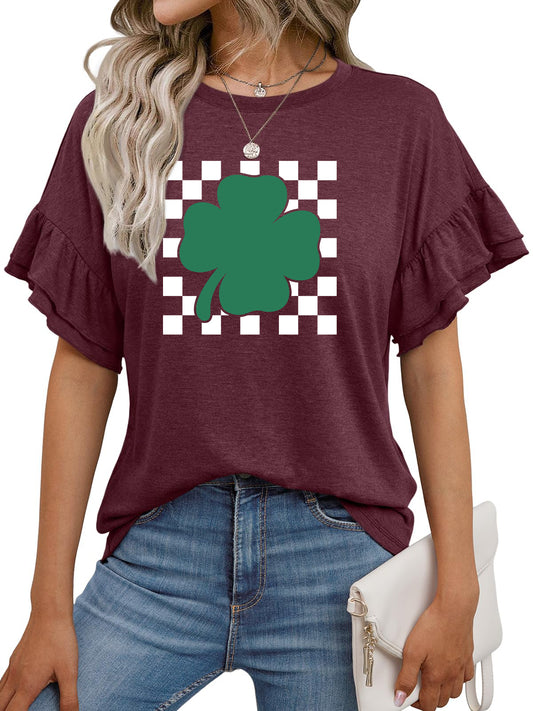 St Patricks Day Shamrock Checkerboard Ruffle Sleeve Top