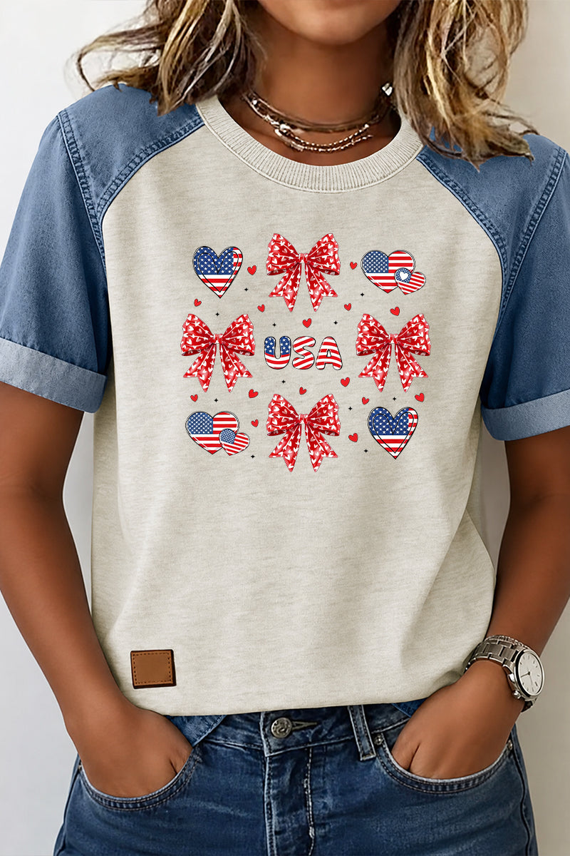 Bow Heart Flag Denim Patchwork Tee Casual