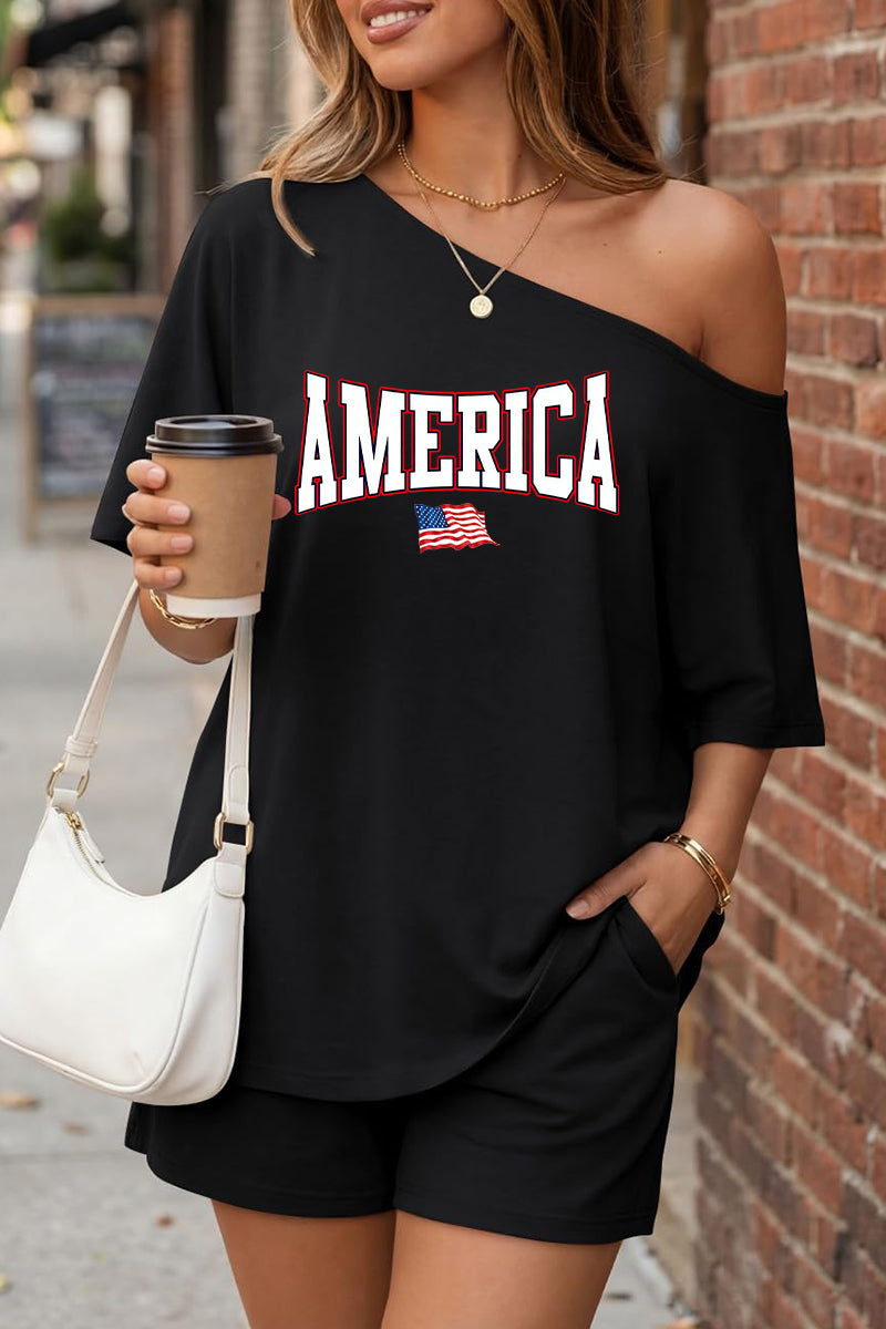 America Off Shoulder Short Sleeve Summer Top Set