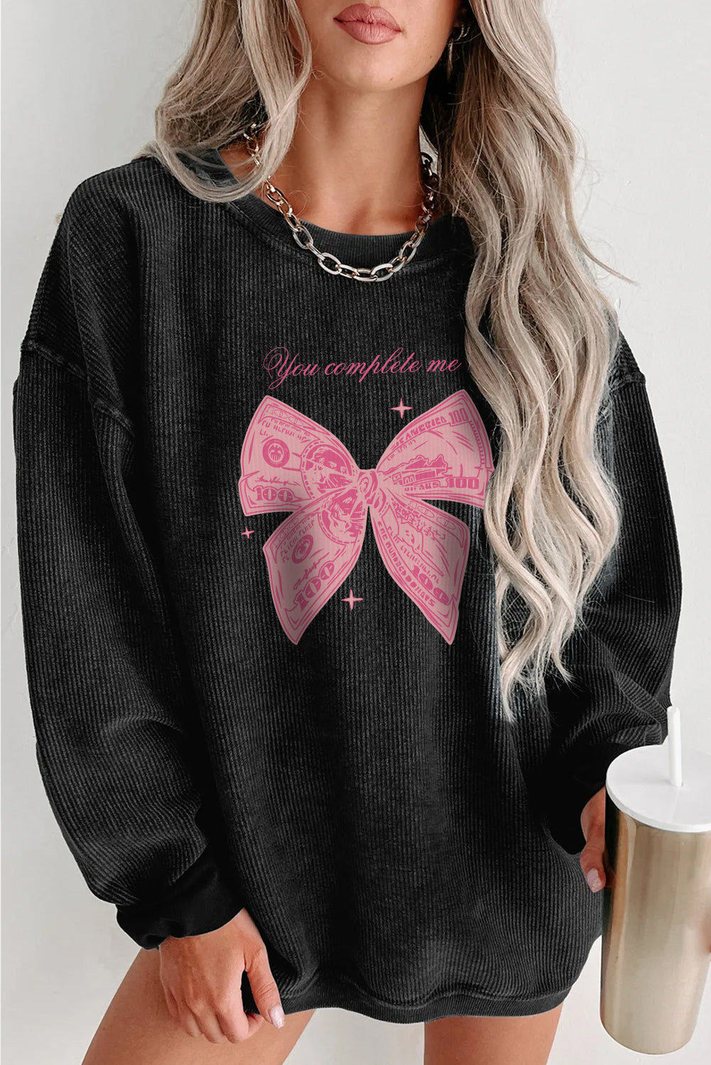Valentine's Day Cute Pink Bow Oversized Corduroy Pullover