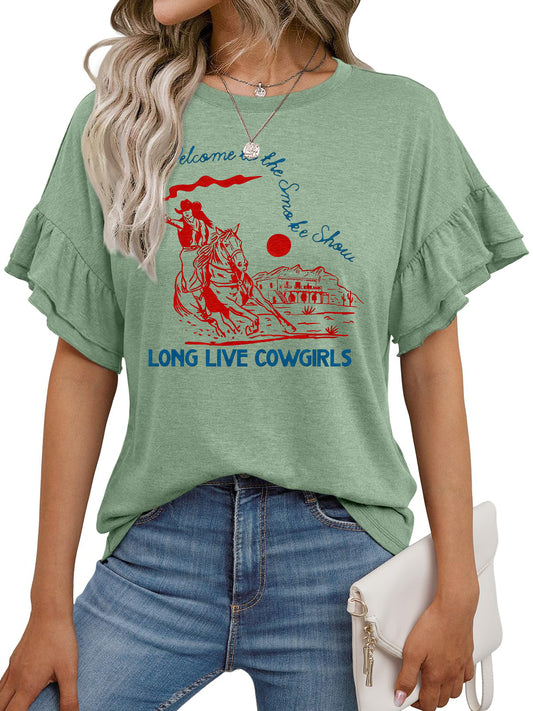 Western Cowgirl Graphic Ruffle Sleeve Tee Vintage Rodeo Top