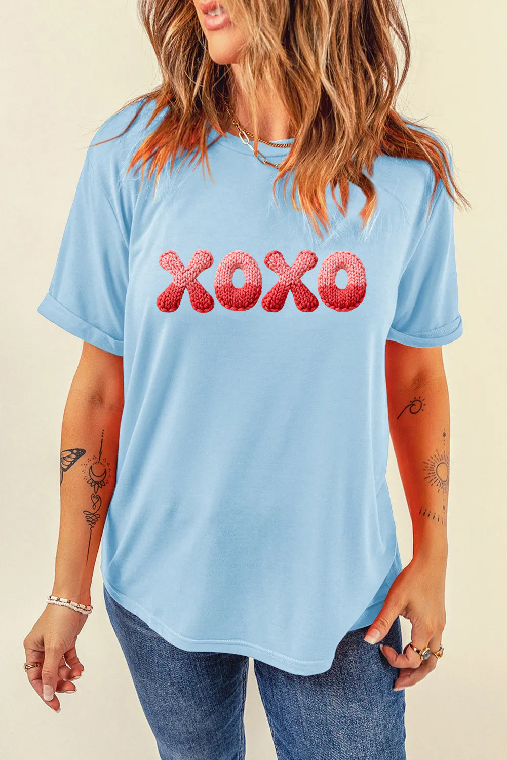 Valentine’s Day XOXO Knit Letter Graphic Tee（Not Embroidery）