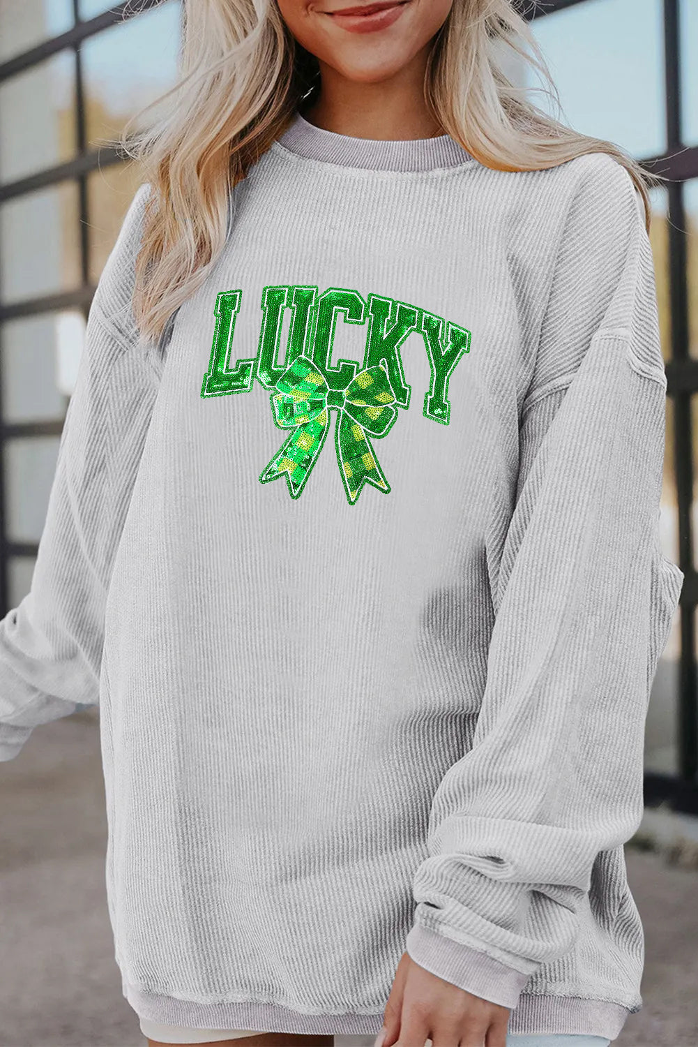 Saint Patrick's Day Lucky Sequin Clover Graphic Sweatshirt