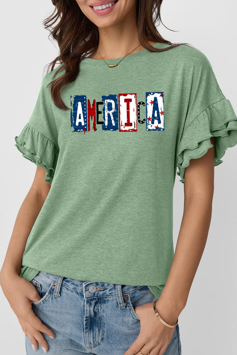 America Graphic Ruffle Sleeve Tee Patriotic Holiday Top