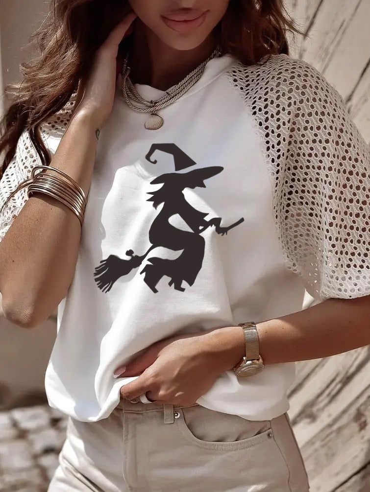Halloween Witch Graphic Crochet Sleeve White T Shirt