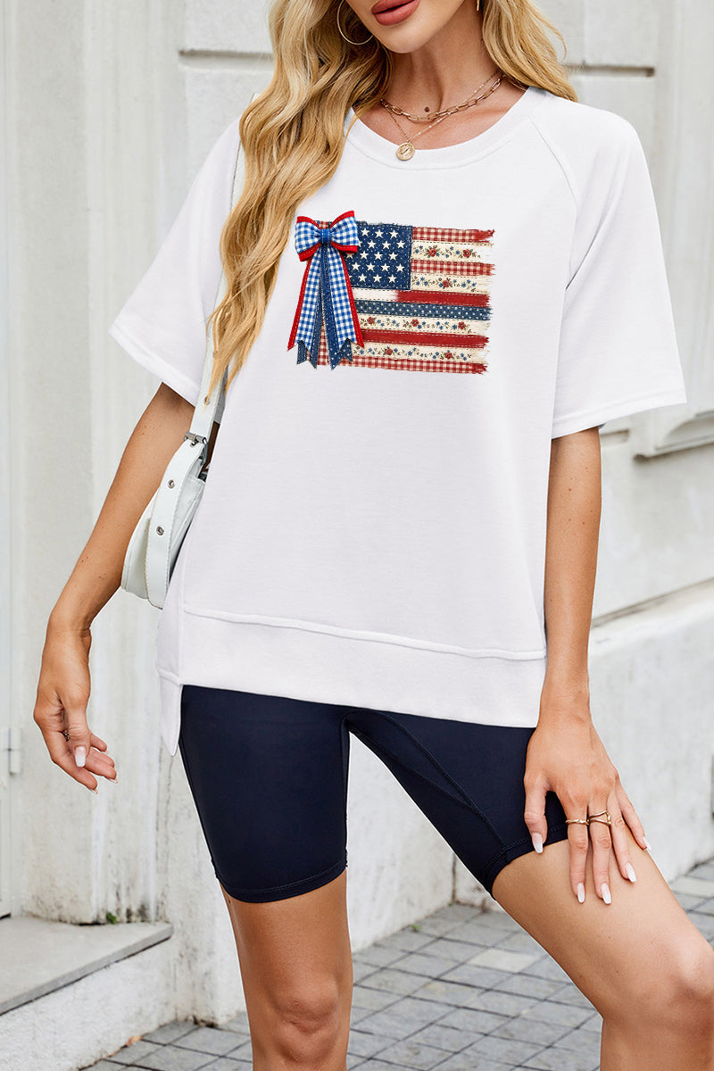 USA Flag Bow Graphic Tee Women 4th July Patriotic Top
