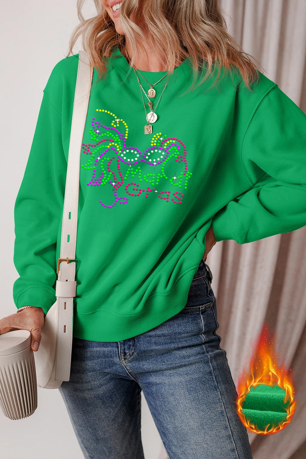 Mardi Gras Rhinestone Mask Graphic Green Sweatshirt