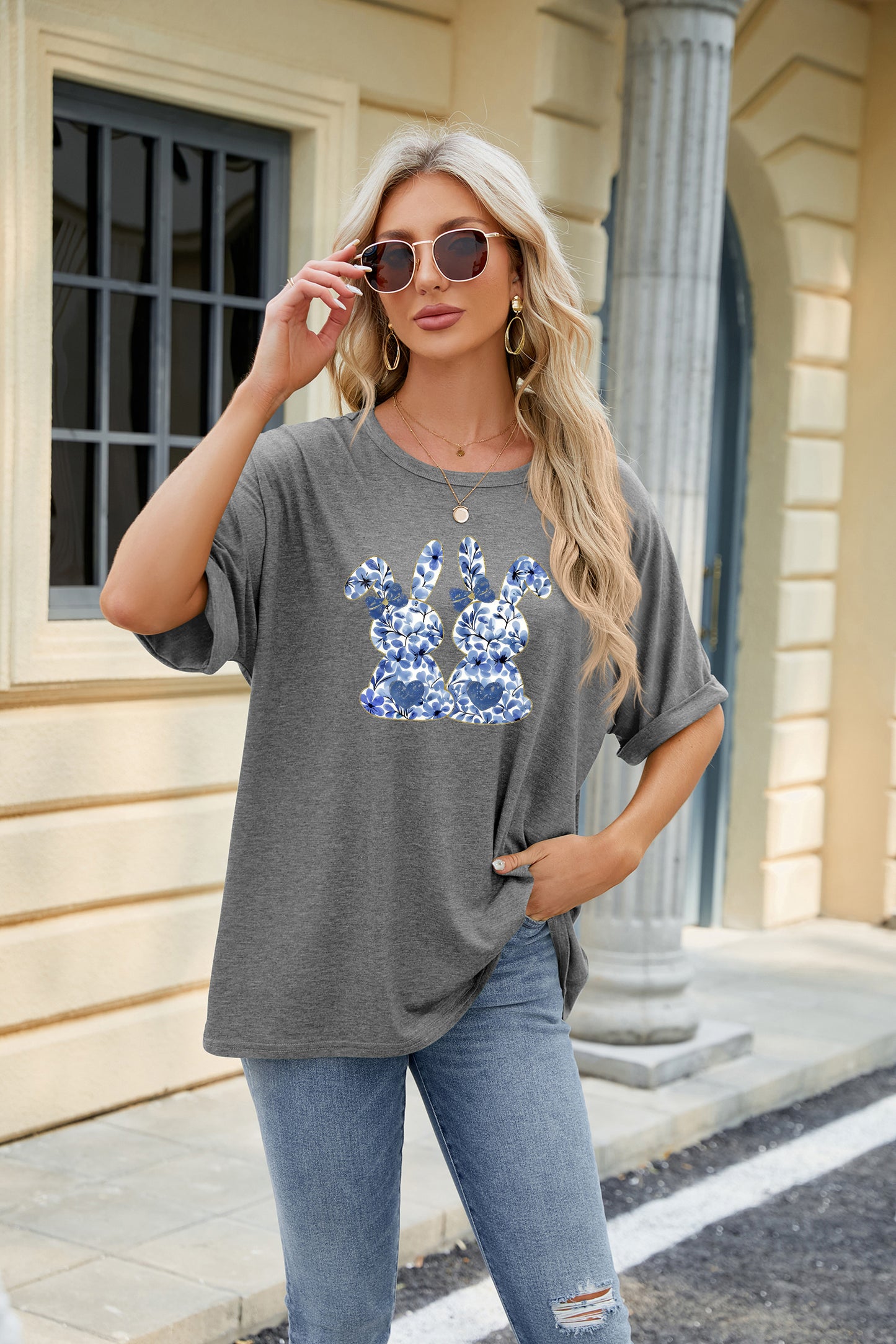 Easter Bunny Graphic Casual Oversized Short Sleeve Tee